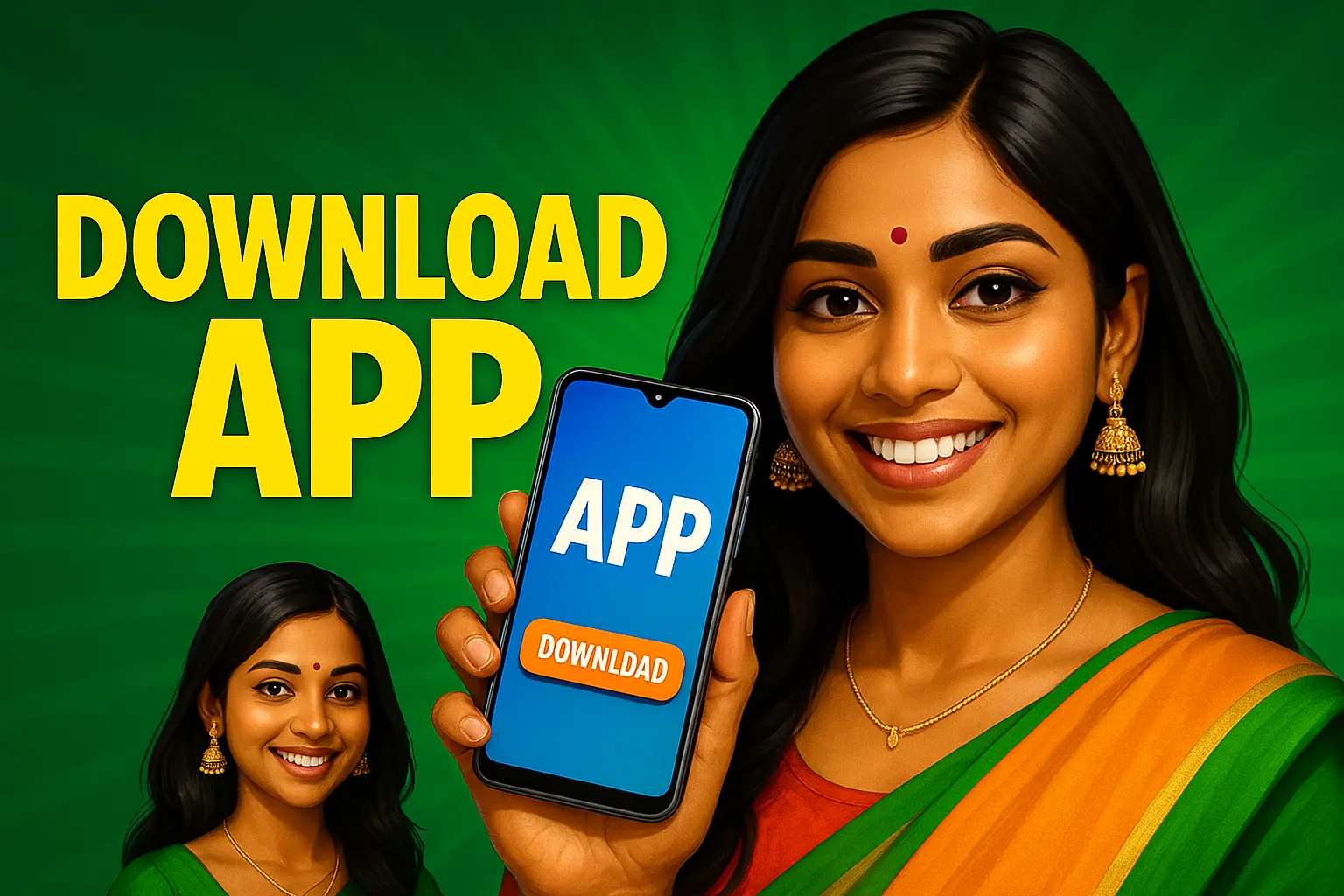 Indian women in traditional sari promoting mobile casino app download, holding smartphone with app interface and download button