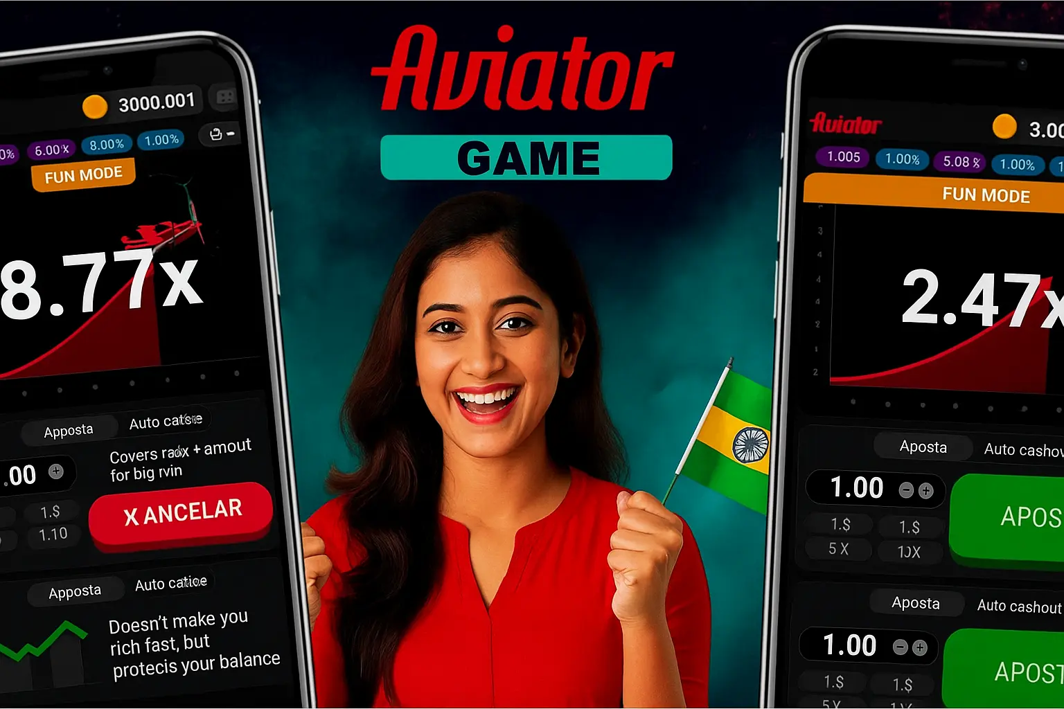 Aviator game promotional image showing Indian woman in red top holding Indian flag with mobile phones displaying aviator game interface and multipliers