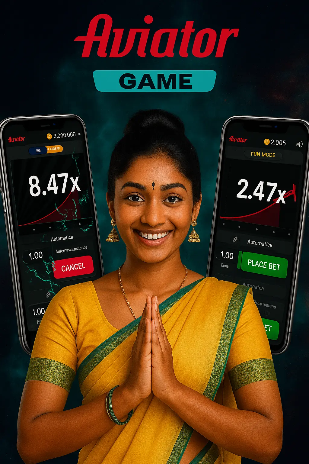 Aviator game banner featuring Indian woman in traditional yellow sari with namaste gesture and smartphones showing aviator game multipliers and betting interface