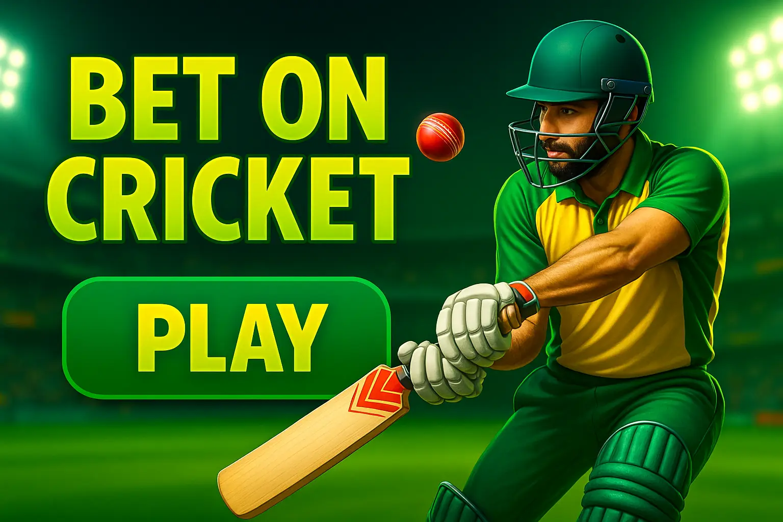 Bet on cricket promotional image featuring cricket player in green and yellow uniform with bat and red ball, play button included