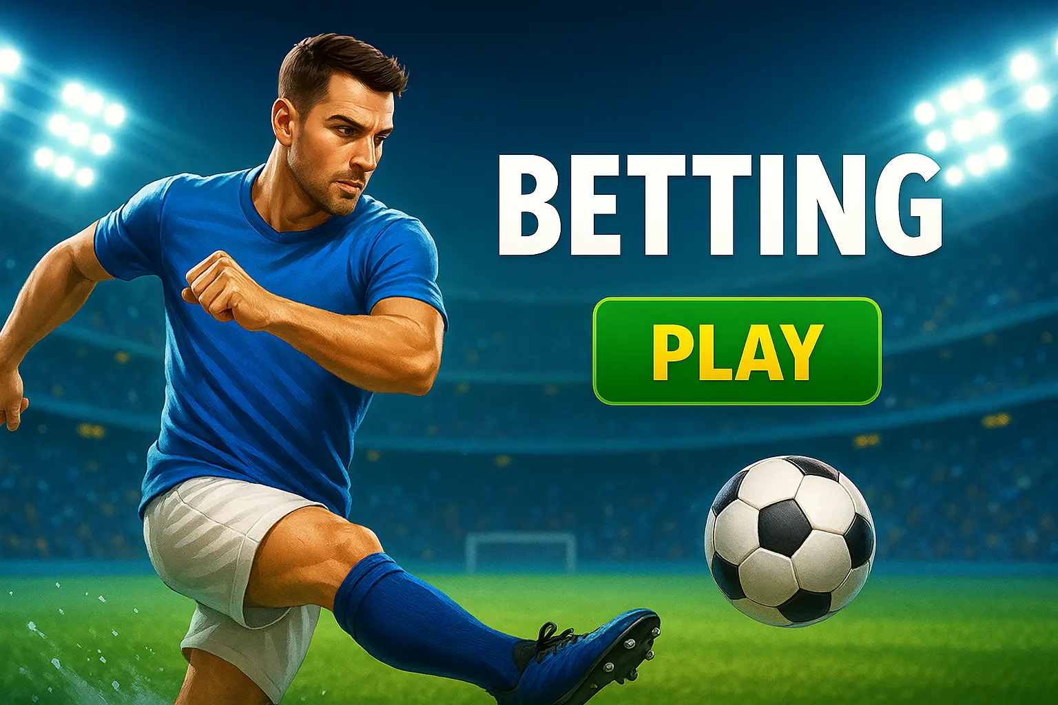 Sports betting promotional image showing soccer player in blue jersey kicking ball in stadium with betting text and play button