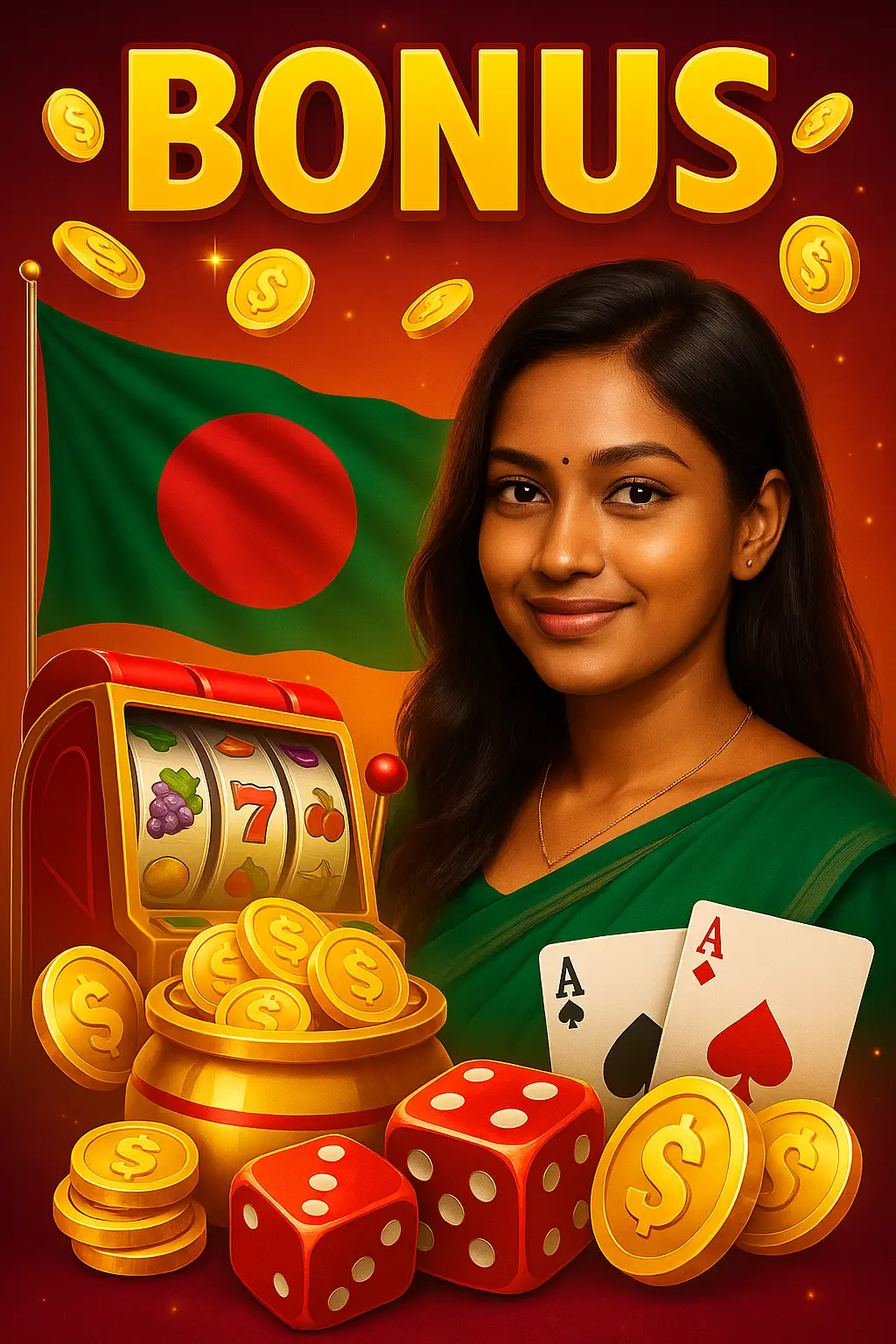 Casino bonus promotional image showing Indian woman in green sari with playing cards, slot machine, dice, golden coins and Bangladesh flag background