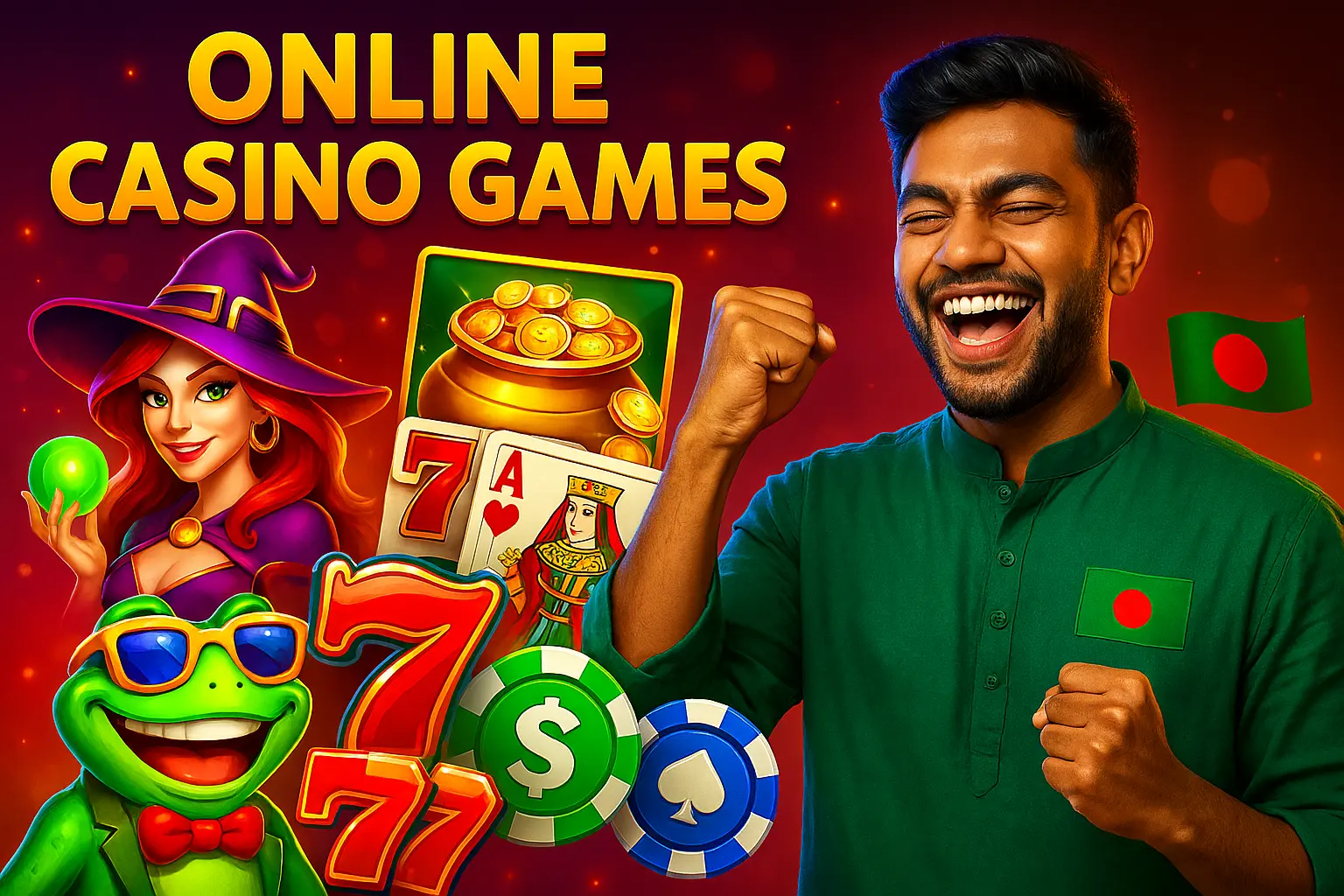 Online casino games promotional banner featuring excited man with Bangladesh flag shirt, witch character, slot symbols, playing cards and poker chips