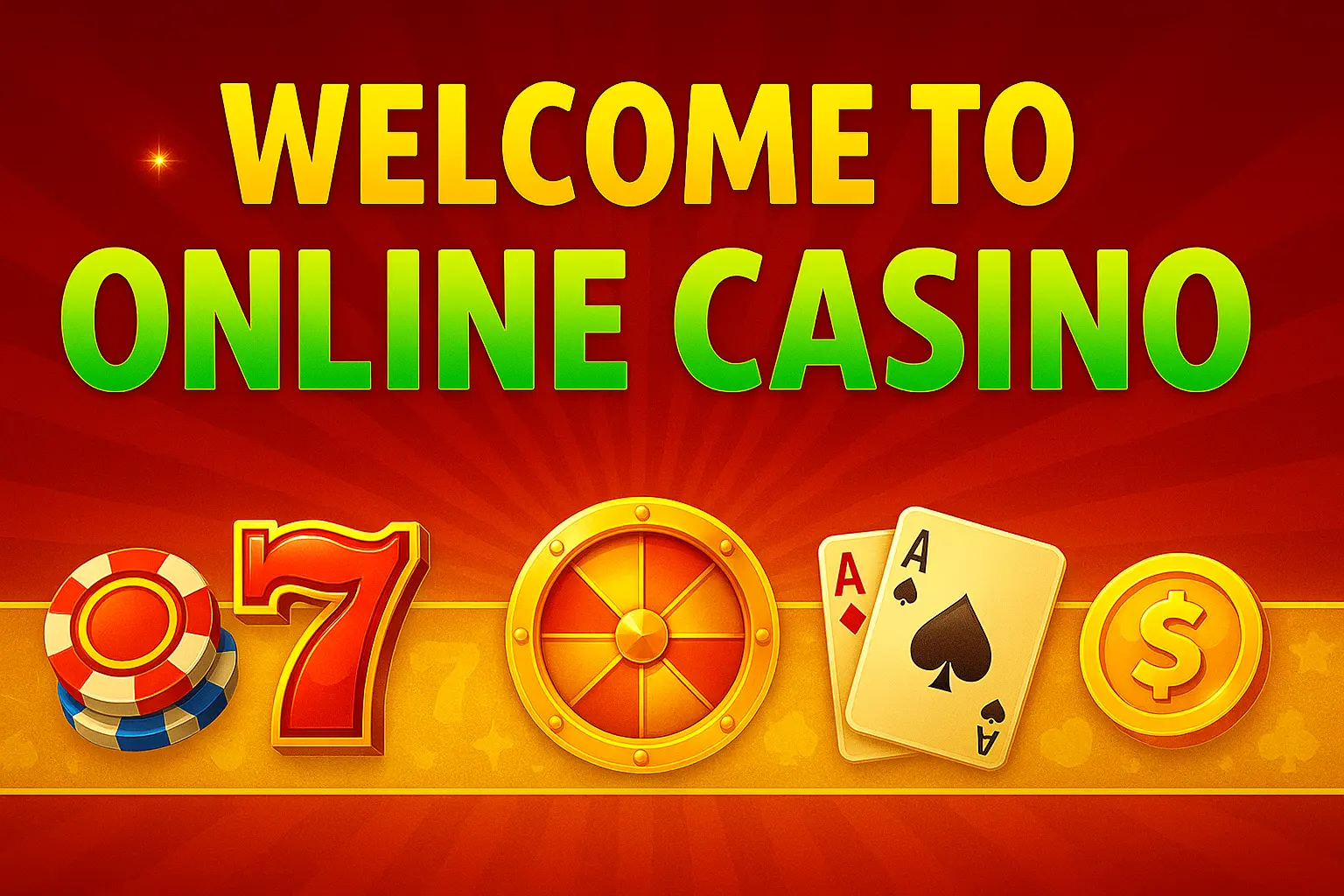 Welcome to online casino banner with red gradient background showcasing casino symbols including poker chips, lucky seven, roulette wheel, ace cards and dollar coin