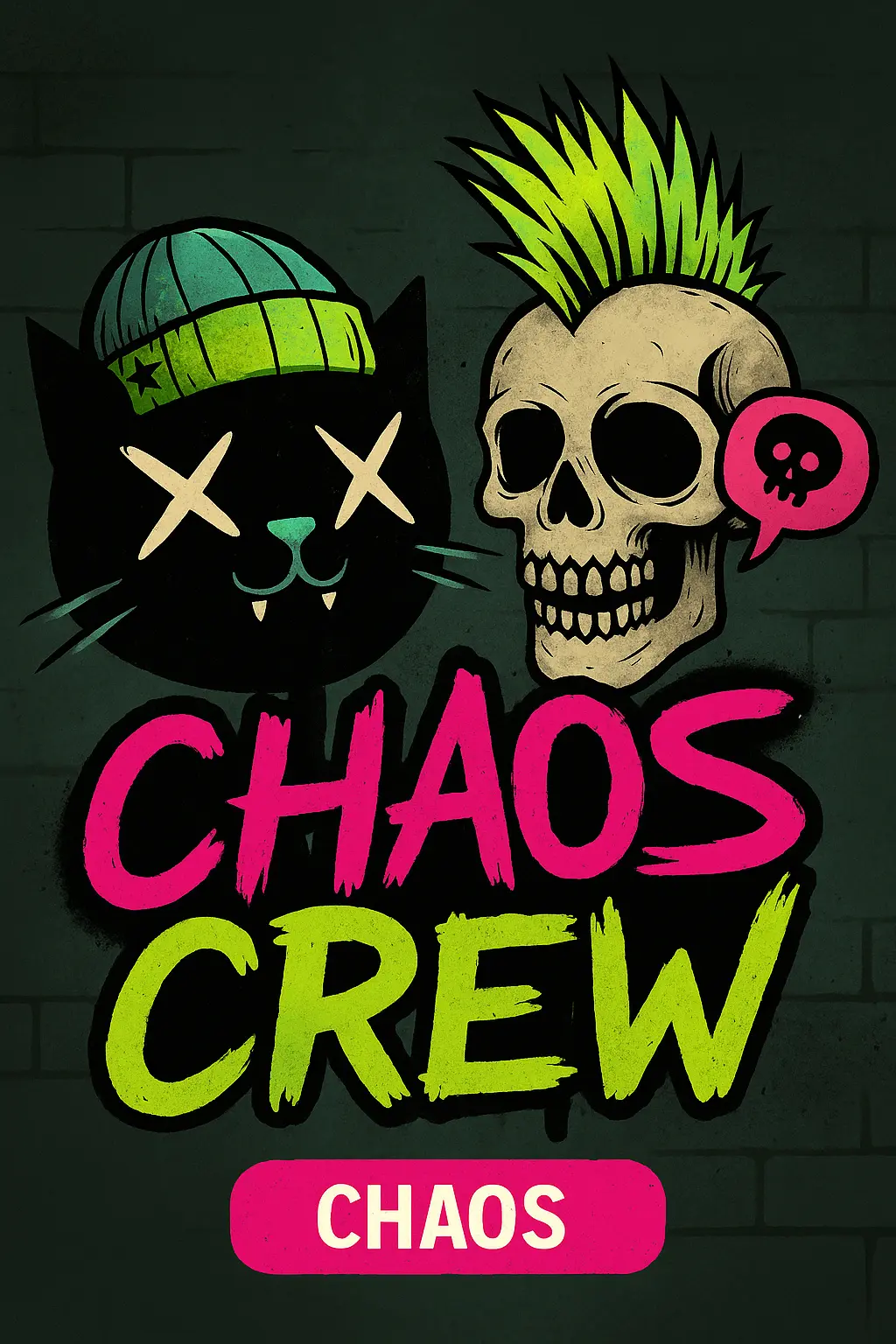 Chaos Crew slot game featuring punk rock theme with black cat wearing beanie and skull with mohawk in graffiti street art style