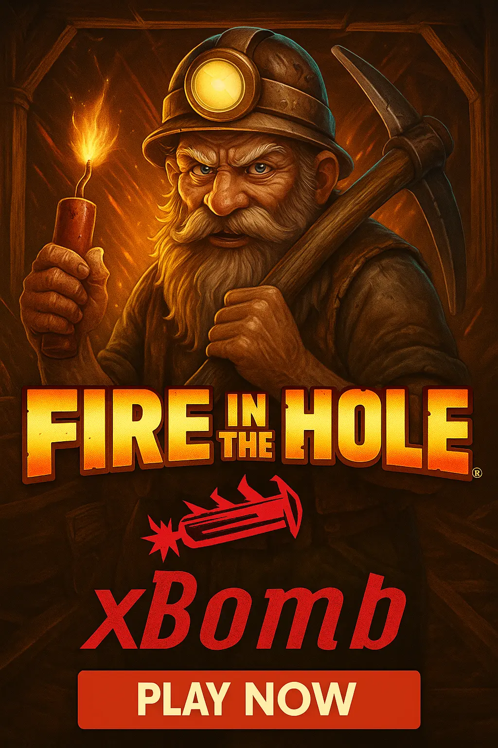 Fire in the Hole xBomb slot game featuring grizzled miner character with pickaxe and dynamite in underground mine setting with play now button