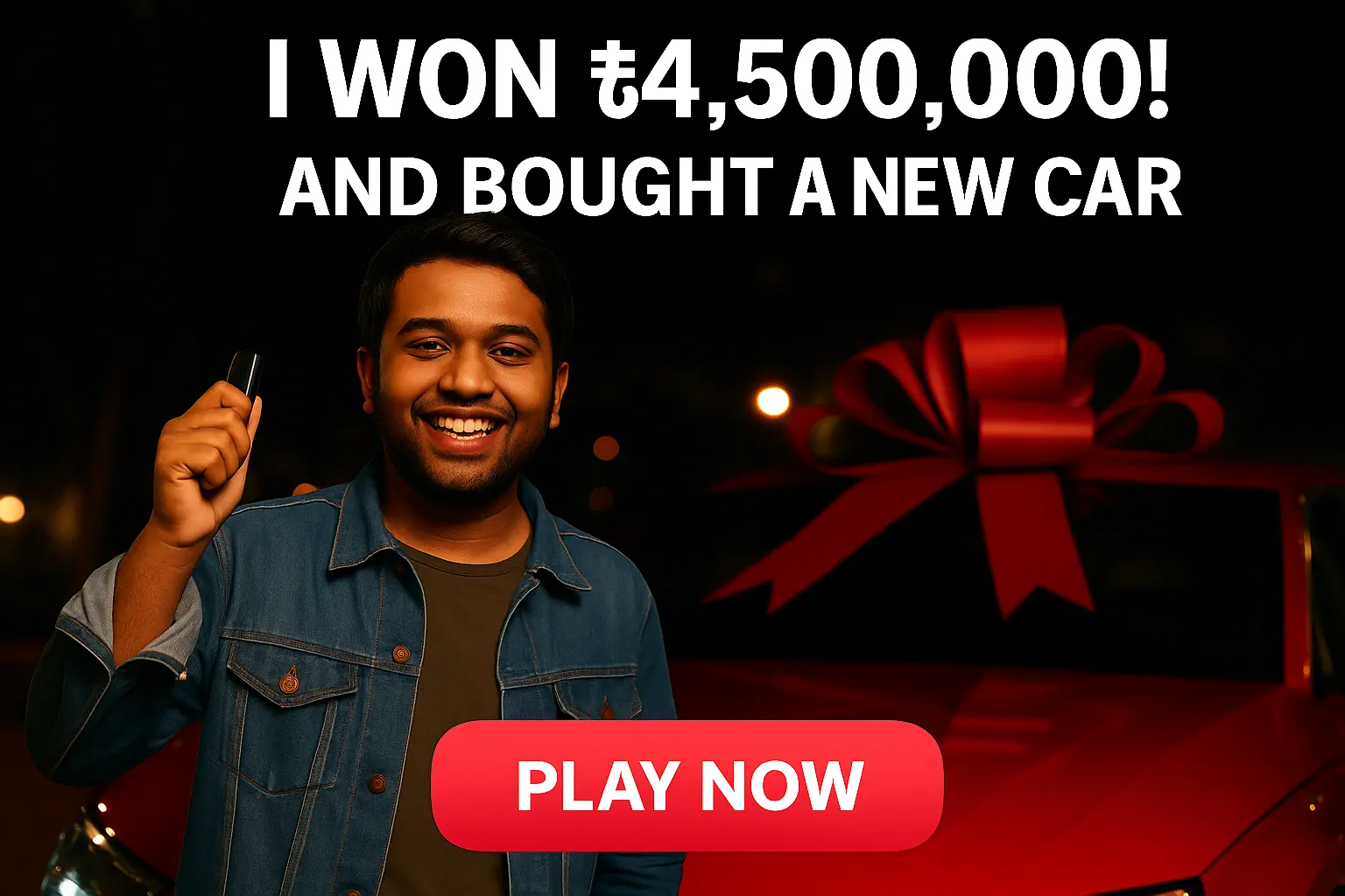 Happy young man celebrating casino win of 4.5 million with new car purchase, showing phone and red gift box with play now button