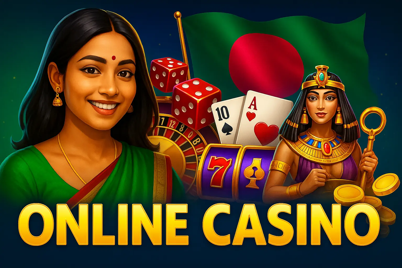 Online casino promotional banner featuring woman in traditional Indian attire with casino games including roulette, dice, cards, slot machine and Egyptian theme character with Bangladesh flag background