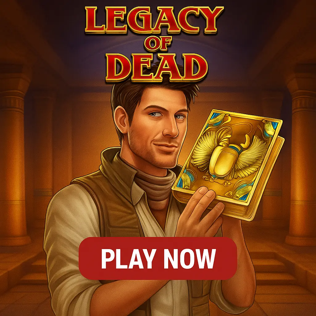 Legacy of Dead slot game showing explorer character holding ancient Egyptian artifact with golden winged scarab symbol in temple with play now button