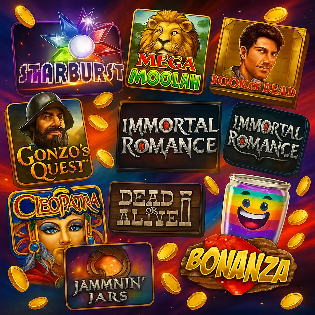 Popular slot games collection featuring Starburst, Mega Moolah, Book of Dead, Gonzo's Quest, Immortal Romance, Cleopatra, Dead or Alive, Jammin Jars, Bonanza and Sweet Bonanza with golden coins