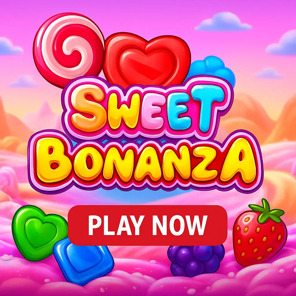 Sweet Bonanza slot game featuring colorful candy theme with lollipop, heart candy, fruit symbols and cotton candy on pink sky background with play now button